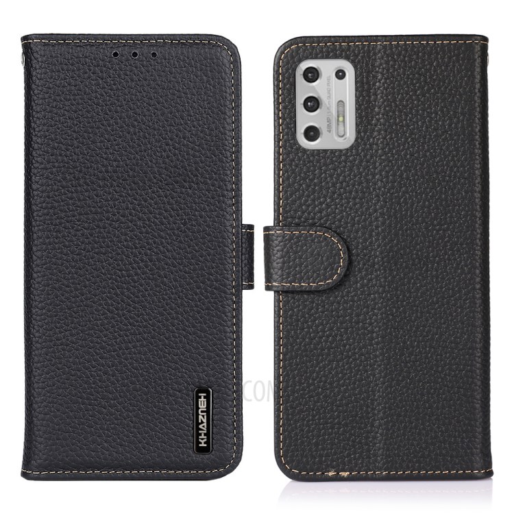 KHAZNEH Litchi Texture Top Layer Genuine Leather Wallet Stand Case Shell for Motorola Moto G Stylus (2021) - Black-1