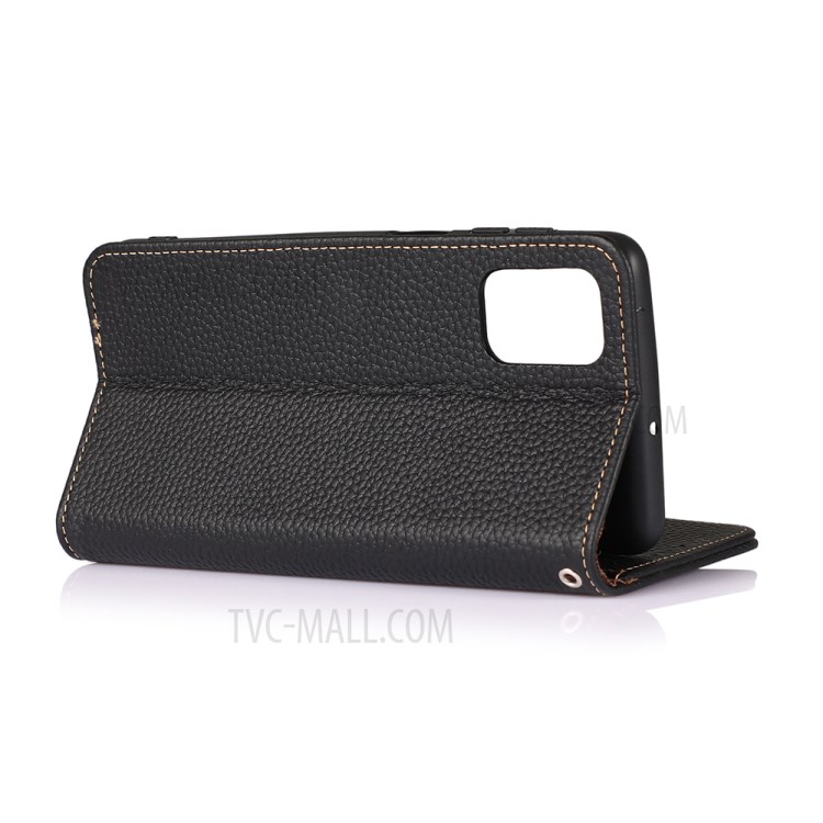 KHAZNEH Litchi Texture Top Layer Genuine Leather Wallet Stand Case Shell for Motorola Moto G Stylus (2021) - Black-3