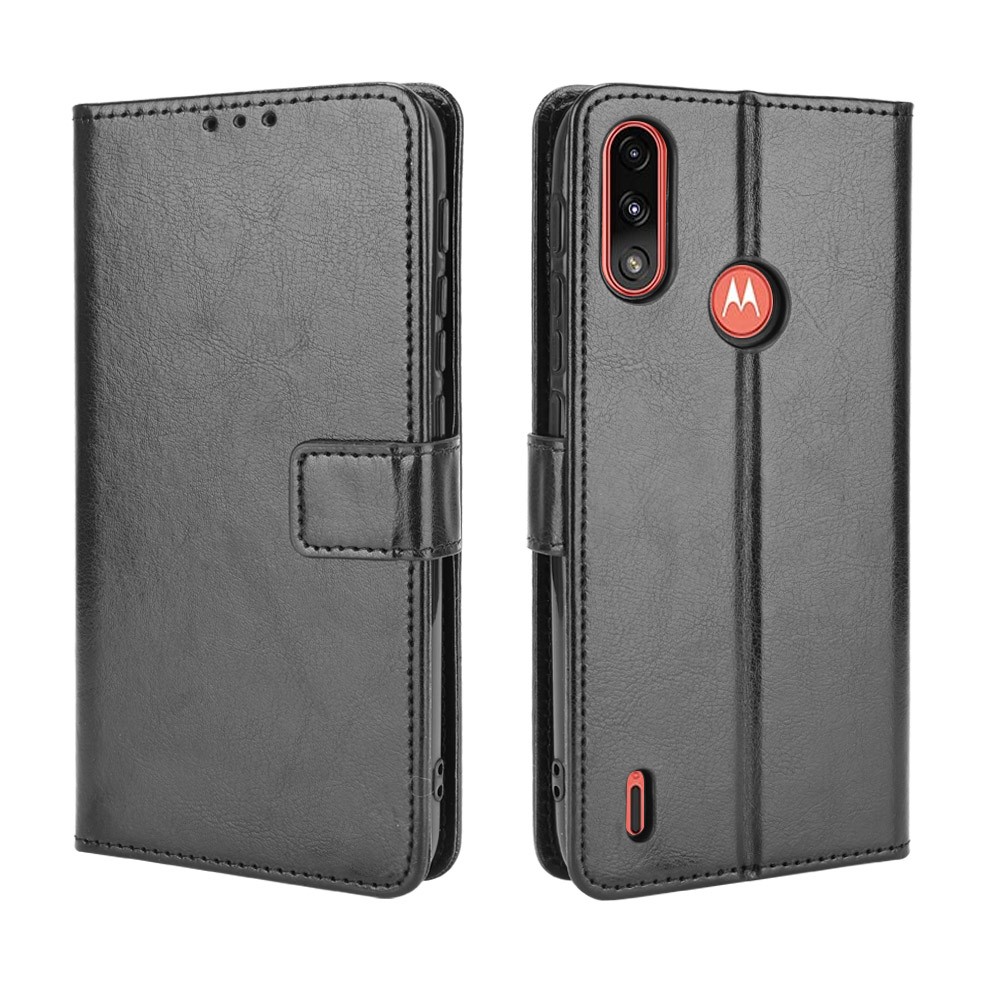Crazy Horse Texture Leather Wallet Cell Phone Case for Motorola Moto E7 Power - Black-1