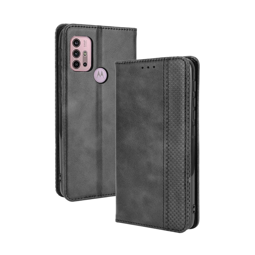 Magnetic Vintage Style Wallet Stand Phone Case Cover for Motorola Moto G30 / Motorola Moto G10 - Black-1