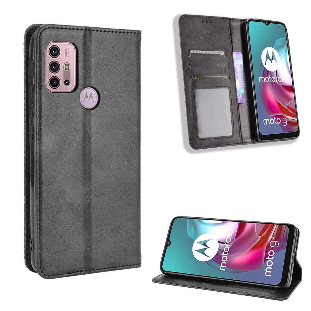 Magnetic Vintage Style Wallet Stand Phone Case Cover for Motorola Moto G30 / Motorola Moto G10 - Black-6