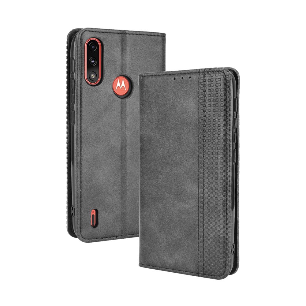 Wallet Stand Design Magnetic Vintage Style Phone Case Cover for Motorola Moto E7 Power - Black-1