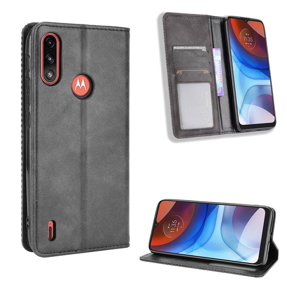 Wallet Stand Design Magnetic Vintage Style Phone Case Cover for Motorola Moto E7 Power - Black-6