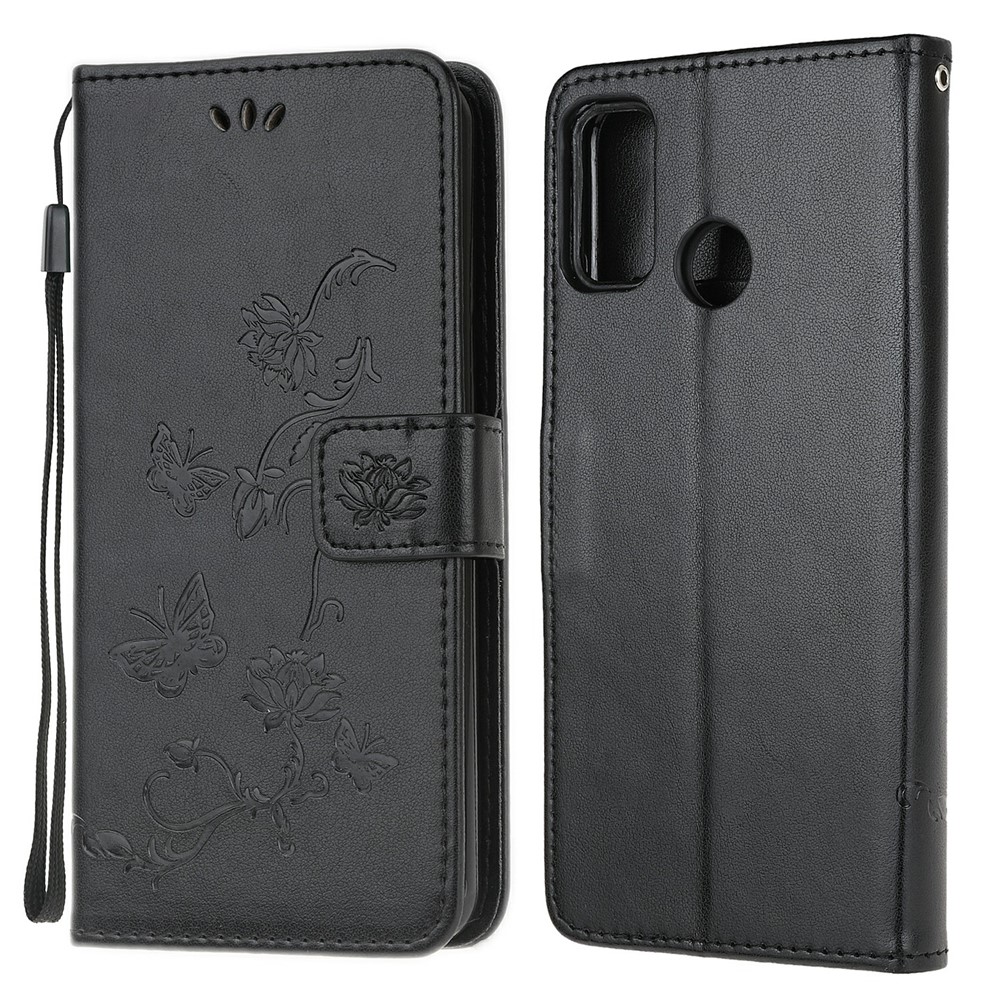 Imprint Butterfly Flower Leather Wallet Stand Phone Cover for Motorola Moto G30 / G10 - Black-1