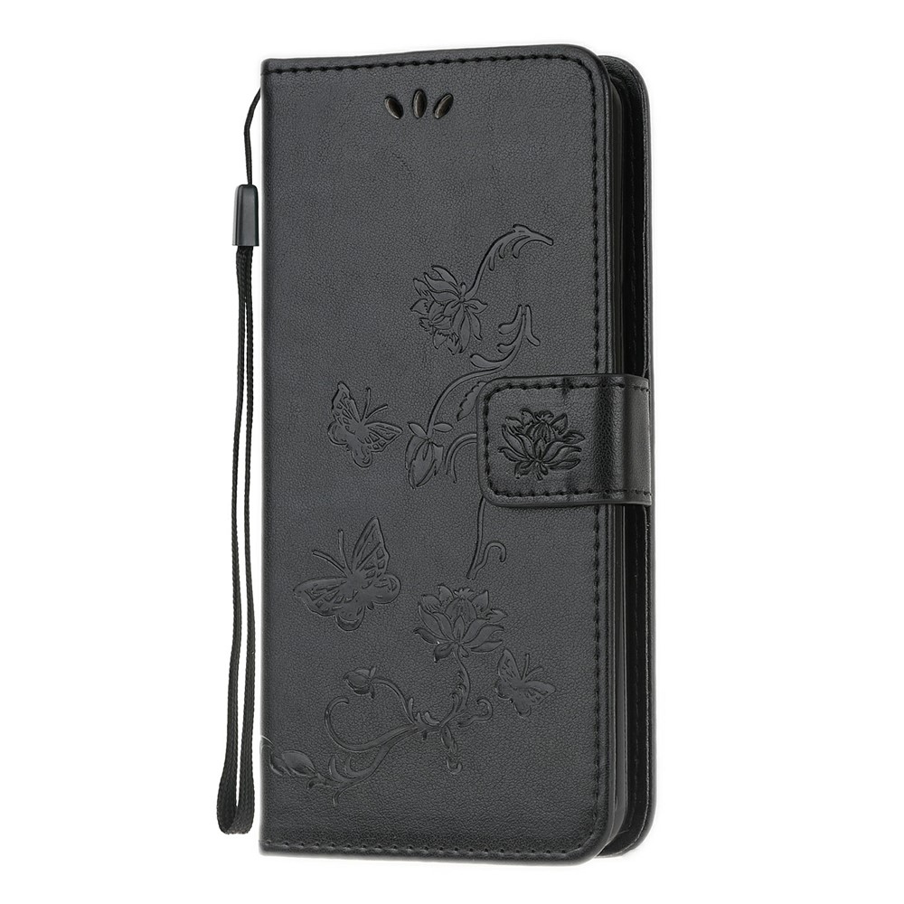 Imprint Butterfly Flower Leather Wallet Stand Phone Cover for Motorola Moto G30 / G10 - Black-2