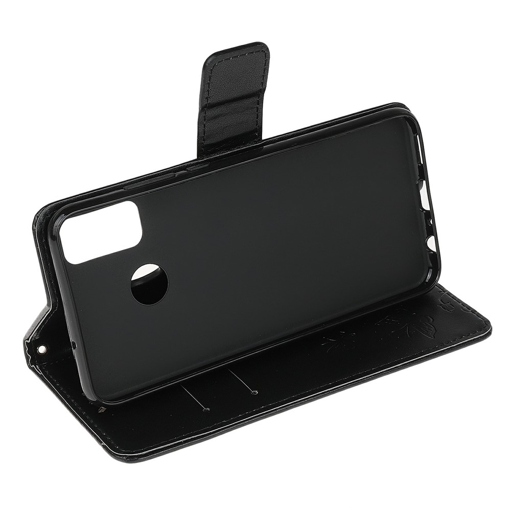Imprint Butterfly Flower Leather Wallet Stand Phone Cover for Motorola Moto G30 / G10 - Black-4