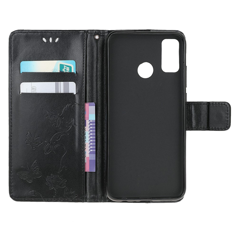 Imprint Butterfly Flower Leather Wallet Stand Phone Cover for Motorola Moto G30 / G10 - Black-5