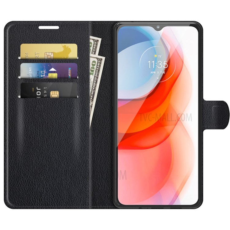 Litchi Skin Leather Case Wallet Stand Protective Phone Shell Cover for Motorola Moto G Play (2021) - Black-3
