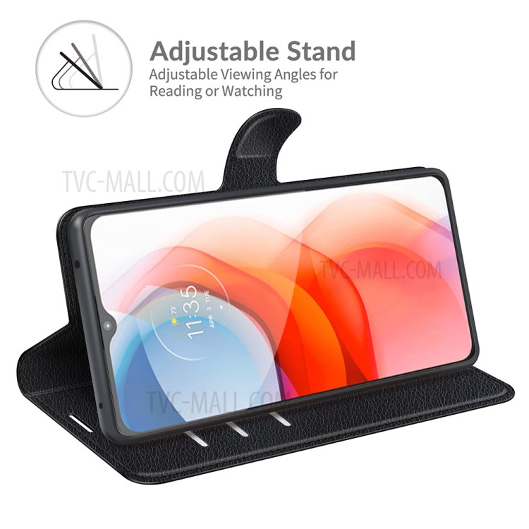 Litchi Skin Leather Case Wallet Stand Protective Phone Shell Cover for Motorola Moto G Play (2021) - Black-4