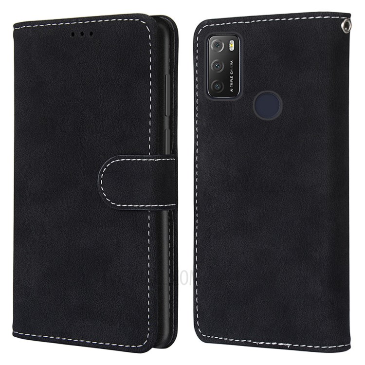 Retro Style Matte Leather Case Phone Cover Wallet Stand for Alcatel 1S (2021) - Black-1