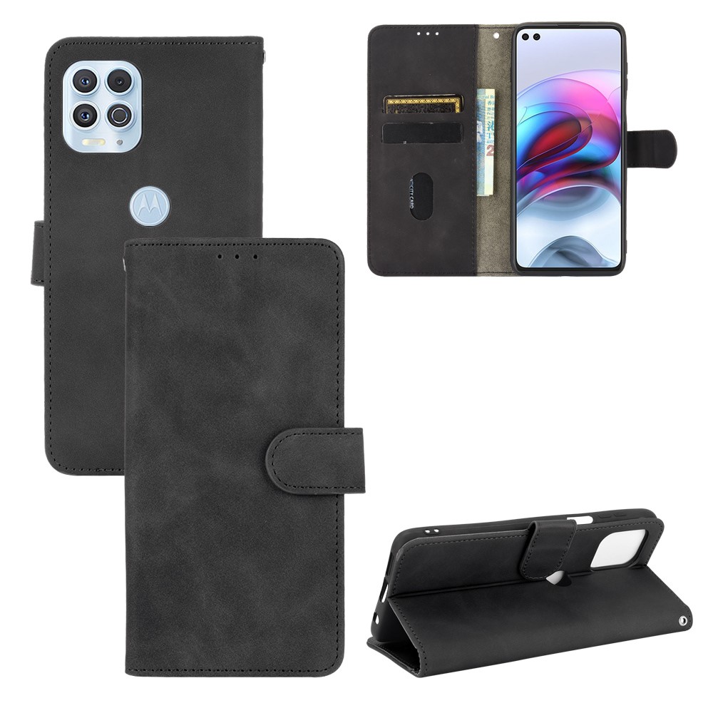 Skin-touch Folio Flip Leather Protective Shell for Motorola Edge S / Moto G100 Wallet Stand Cover - Black-7