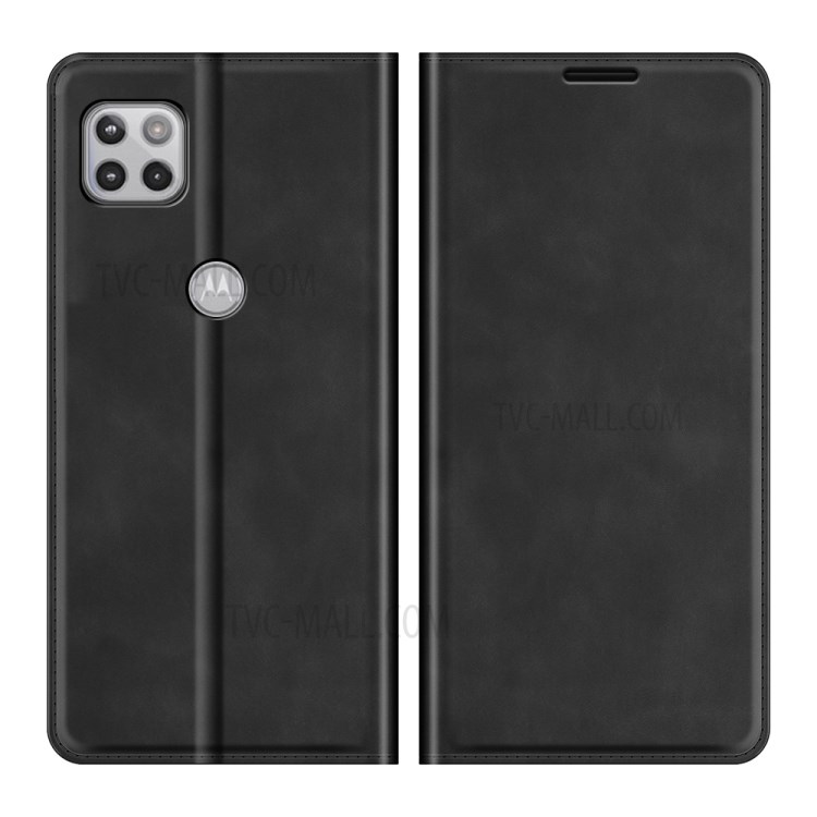 Auto-Absorbed Folio Flip Skin-touch Leather Protective Shell for Motorola One 5G Ace Wallet Stand Cover - Black-1