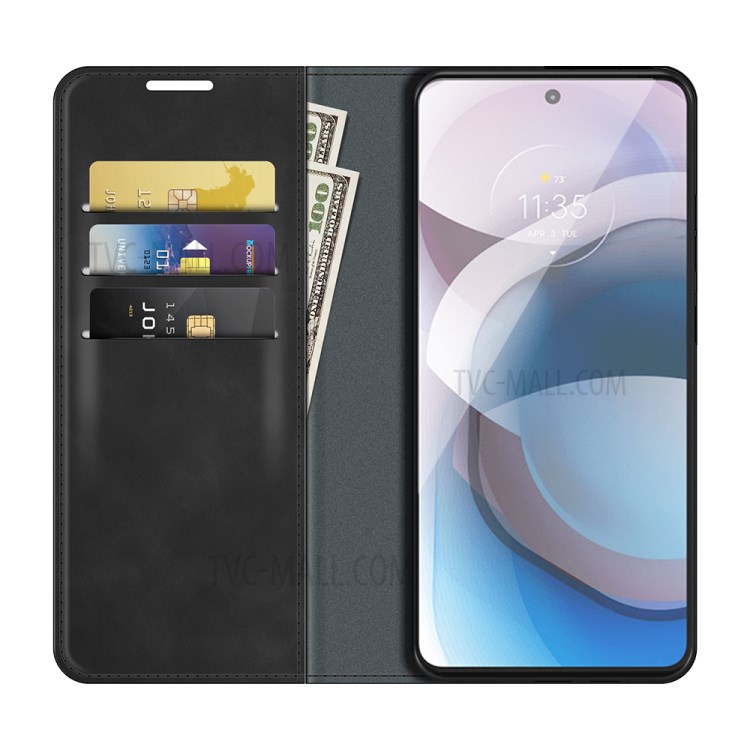 Auto-Absorbed Folio Flip Skin-touch Leather Protective Shell for Motorola One 5G Ace Wallet Stand Cover - Black-2