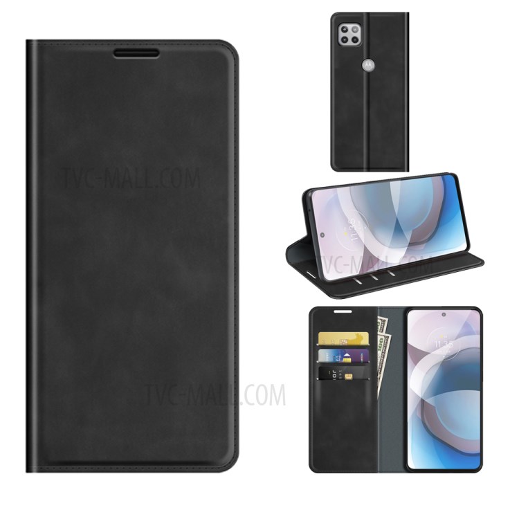 Auto-Absorbed Folio Flip Skin-touch Leather Protective Shell for Motorola One 5G Ace Wallet Stand Cover - Black-6
