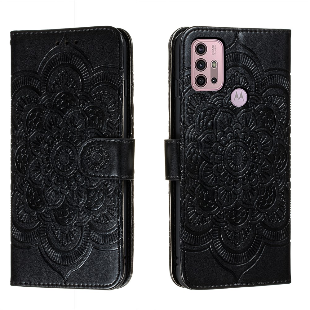 Imprint Mandala Flower Stand Leather Case for Motorola Moto G30 - Black-1