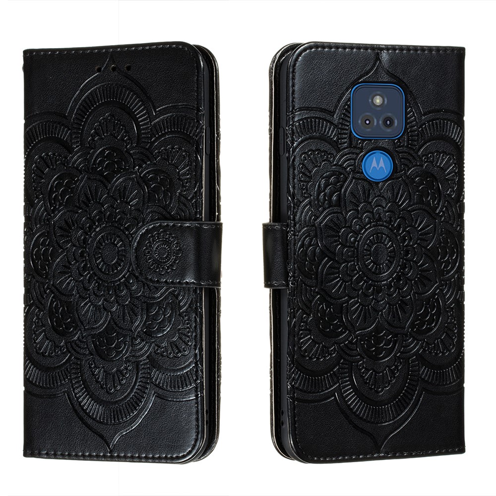 Imprint Mandala Flower Stand Leather Case for Motorola Moto G Play (2021) - Black-1