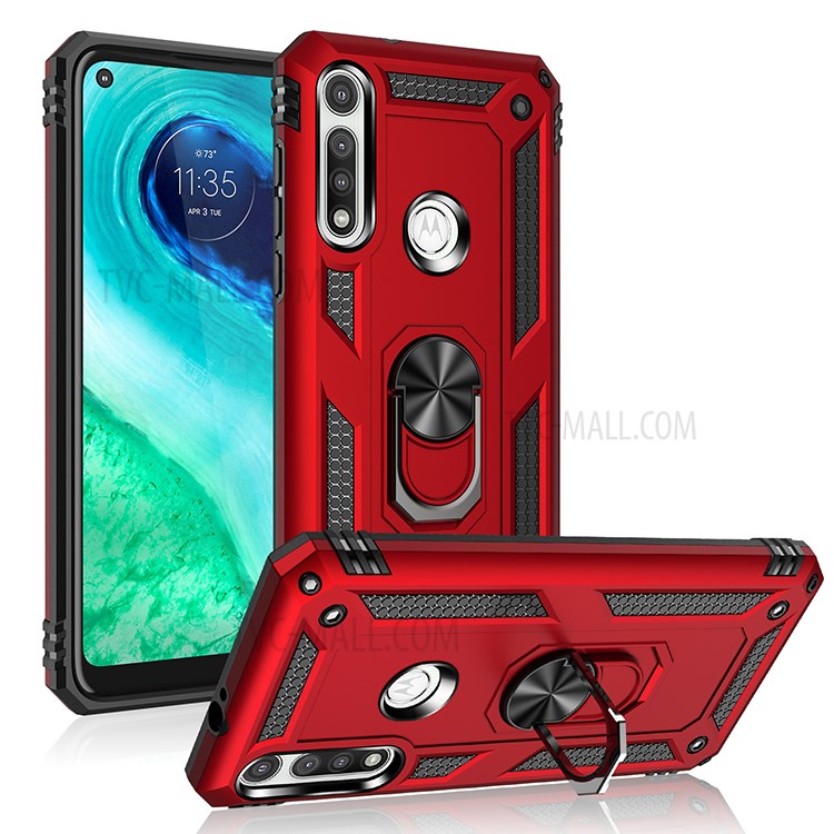 Hybrid PC + TPU Phone Case Shell Anti-Fall Finger Ring Kickstand for Motorola Moto G Fast - Red-1