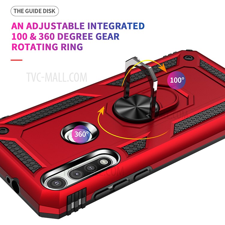 Hybrid PC + TPU Phone Case Shell Anti-Fall Finger Ring Kickstand for Motorola Moto G Fast - Red-2