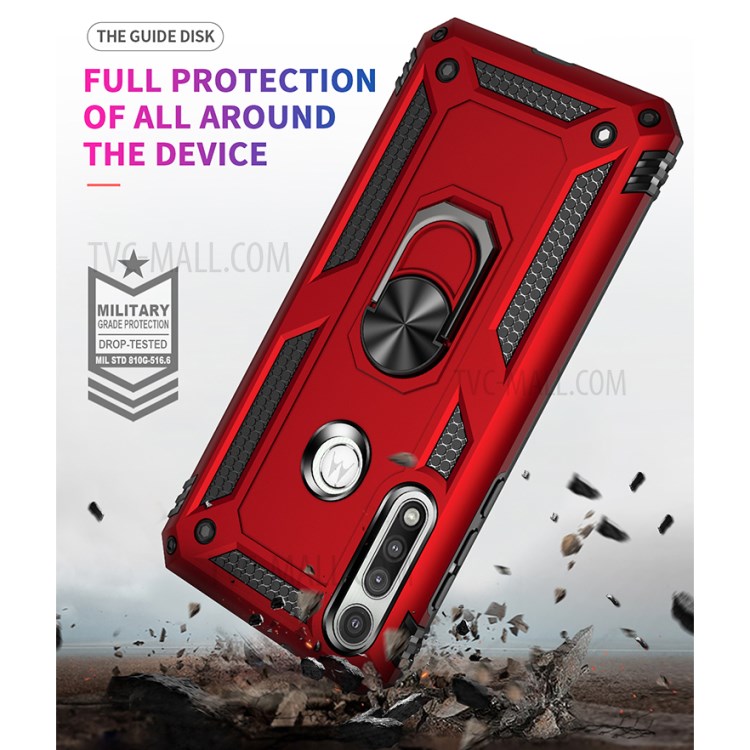 Hybrid PC + TPU Phone Case Shell Anti-Fall Finger Ring Kickstand for Motorola Moto G Fast - Red-3