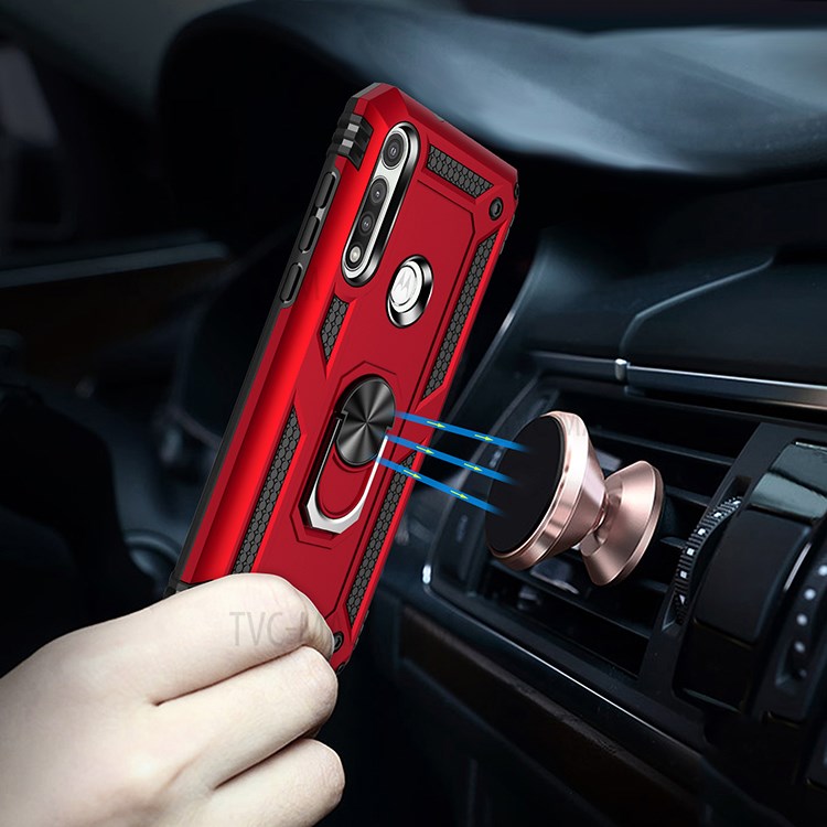 Hybrid PC + TPU Phone Case Shell Anti-Fall Finger Ring Kickstand for Motorola Moto G Fast - Red-4