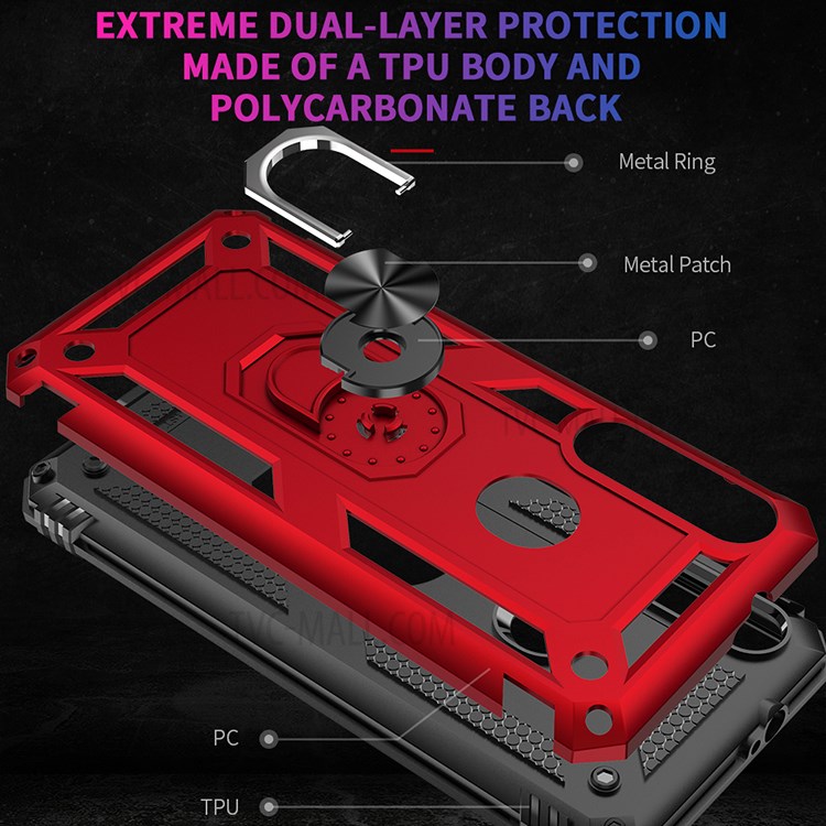 Hybrid PC + TPU Phone Case Shell Anti-Fall Finger Ring Kickstand for Motorola Moto G Fast - Red-5