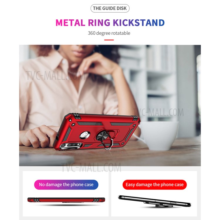 Hybrid PC + TPU Phone Case Shell Anti-Fall Finger Ring Kickstand for Motorola Moto G Fast - Red-6