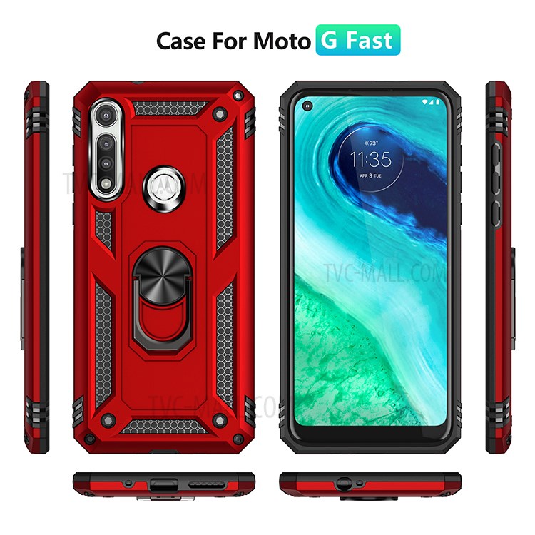 Hybrid PC + TPU Phone Case Shell Anti-Fall Finger Ring Kickstand for Motorola Moto G Fast - Red-7