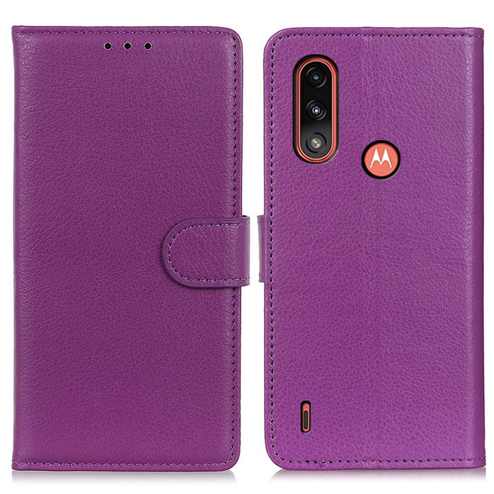 Litchi Skin Leather Case Phone Protective Shell Stand Cover for Motorola Moto E7 Power - Purple-1