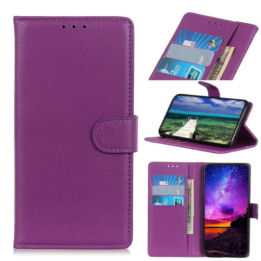 Litchi Skin Leather Case Phone Protective Shell Stand Cover for Motorola Moto E7 Power - Purple-11