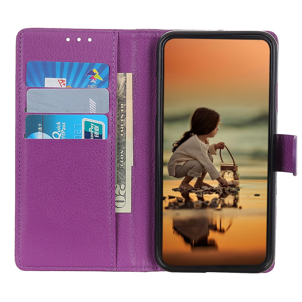 Litchi Skin Leather Case Phone Protective Shell Stand Cover for Motorola Moto E7 Power - Purple-4