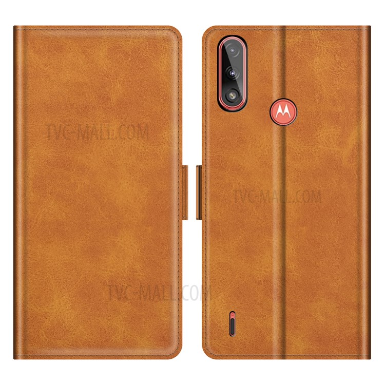 Magnetic Double Clasp Leather Wallet Stand Case for Motorola Moto E7 Power - Brown-1
