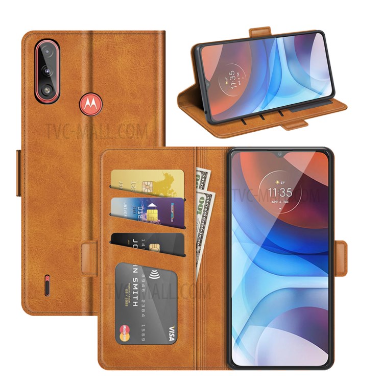 Magnetic Double Clasp Leather Wallet Stand Case for Motorola Moto E7 Power - Brown-6