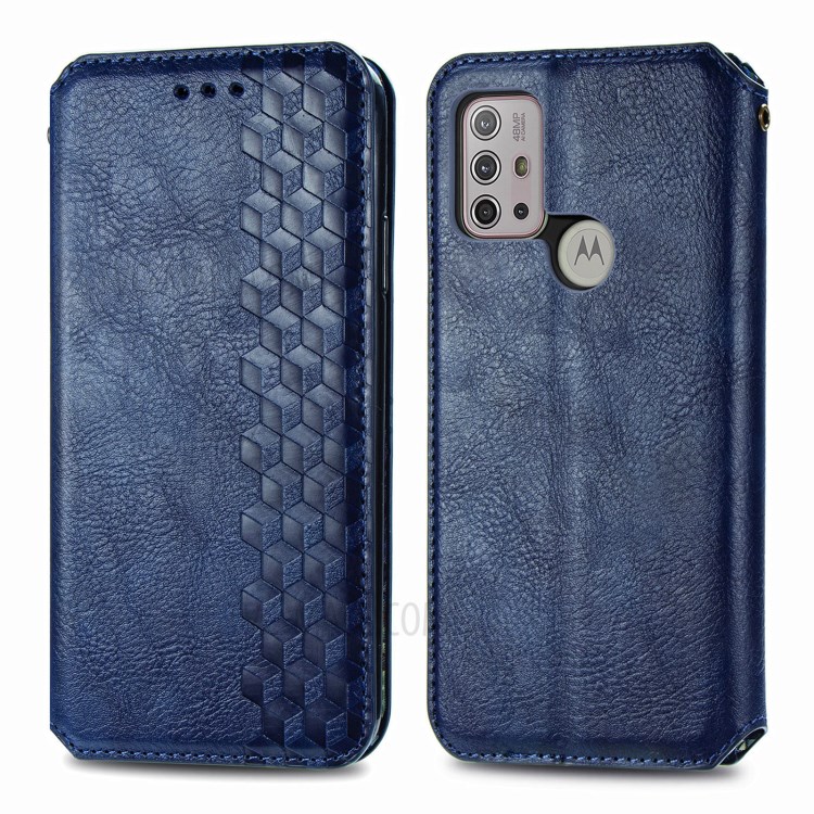 Rhombus Imprinting Design Automatic Suction PU Leather Wallet Stand Case for Motorola Moto G10 - Blue-1