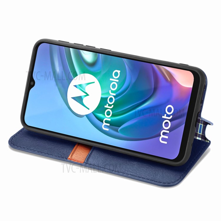 Rhombus Imprinting Design Automatic Suction PU Leather Wallet Stand Case for Motorola Moto G10 - Blue-10