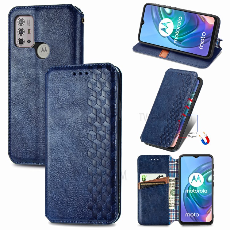 Rhombus Imprinting Design Automatic Suction PU Leather Wallet Stand Case for Motorola Moto G10 - Blue-14