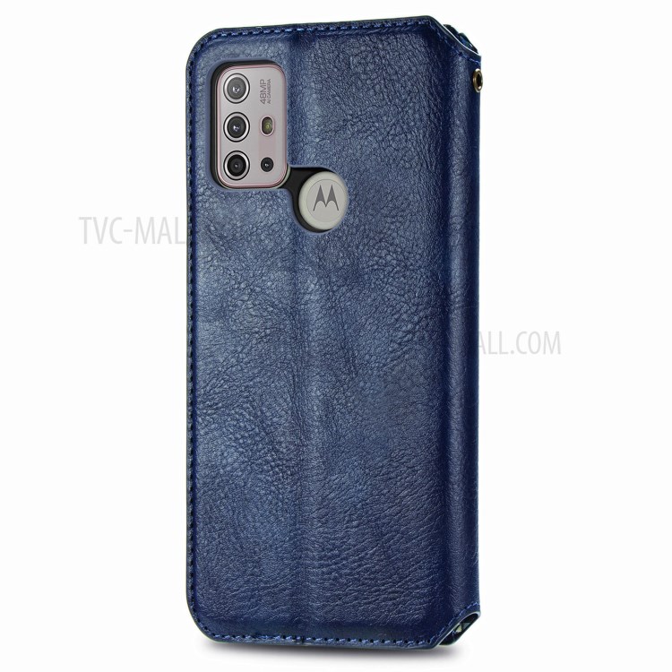 Rhombus Imprinting Design Automatic Suction PU Leather Wallet Stand Case for Motorola Moto G10 - Blue-3