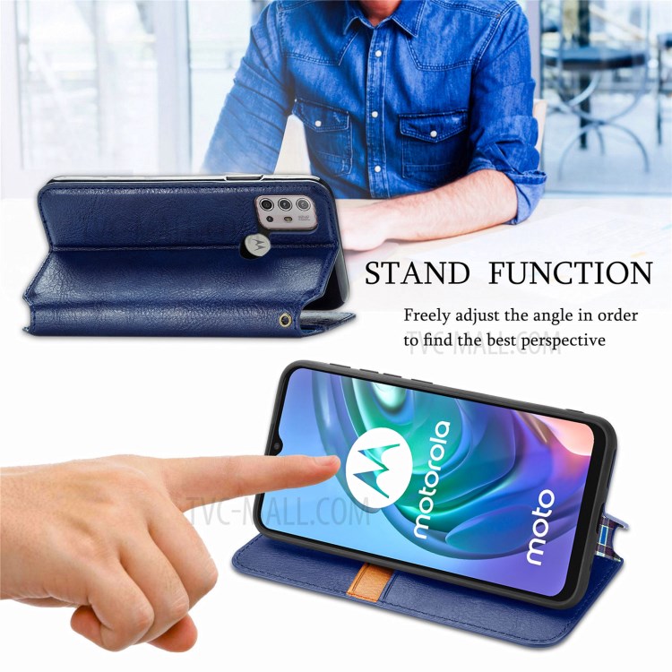 Rhombus Imprinting Design Automatic Suction PU Leather Wallet Stand Case for Motorola Moto G10 - Blue-4