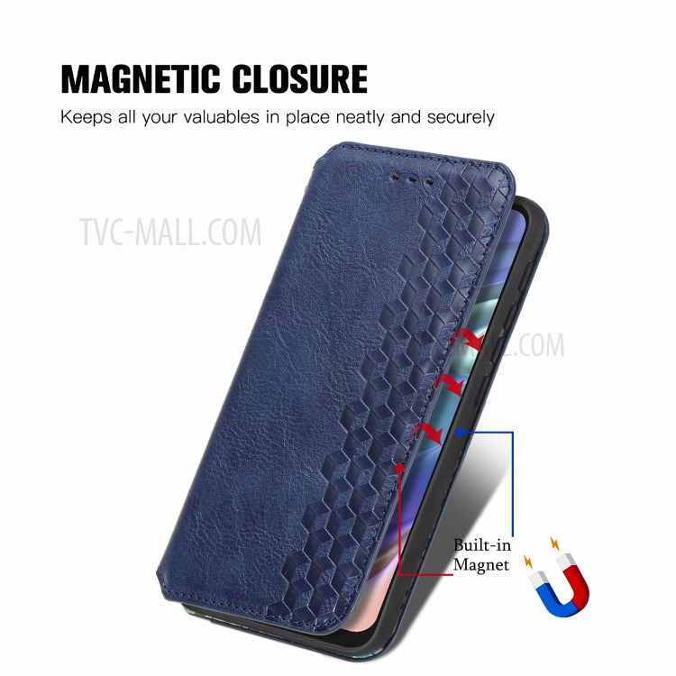 Rhombus Imprinting Design Automatic Suction PU Leather Wallet Stand Case for Motorola Moto G10 - Blue-6