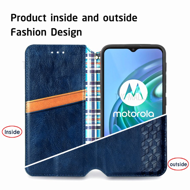 Rhombus Imprinting Design Automatic Suction PU Leather Wallet Stand Case for Motorola Moto G10 - Blue-7