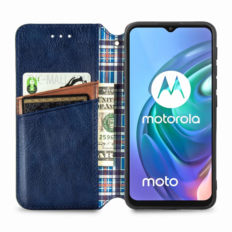 Rhombus Imprinting Design Automatic Suction PU Leather Wallet Stand Case for Motorola Moto G10 - Blue-9