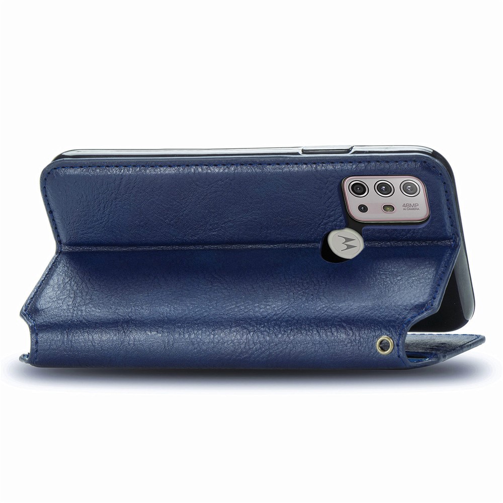 Wallet Stand Design Rhombus Imprinting Auto-Absorbed PU Leather Case for Motorola Moto G30 - Blue-11
