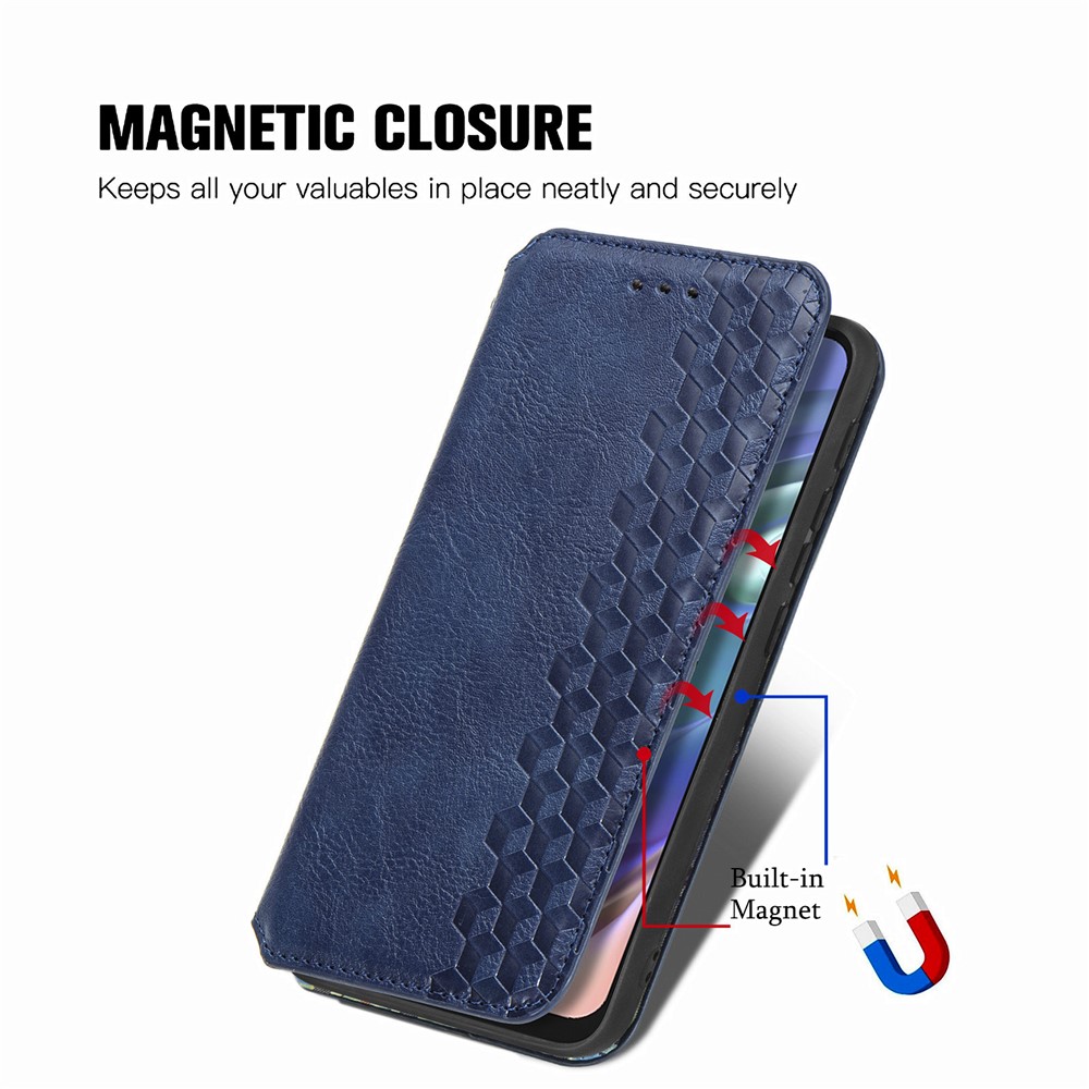 Wallet Stand Design Rhombus Imprinting Auto-Absorbed PU Leather Case for Motorola Moto G30 - Blue-6