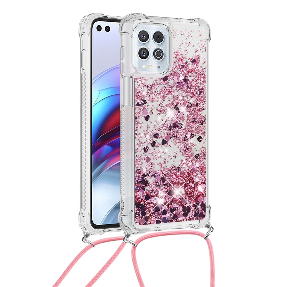 Floating Quicksand Shiny Glitter Mobile Phone TPU Cover with Strap for Motorola Edge S / Moto G100 - Rose Gold Heart-1