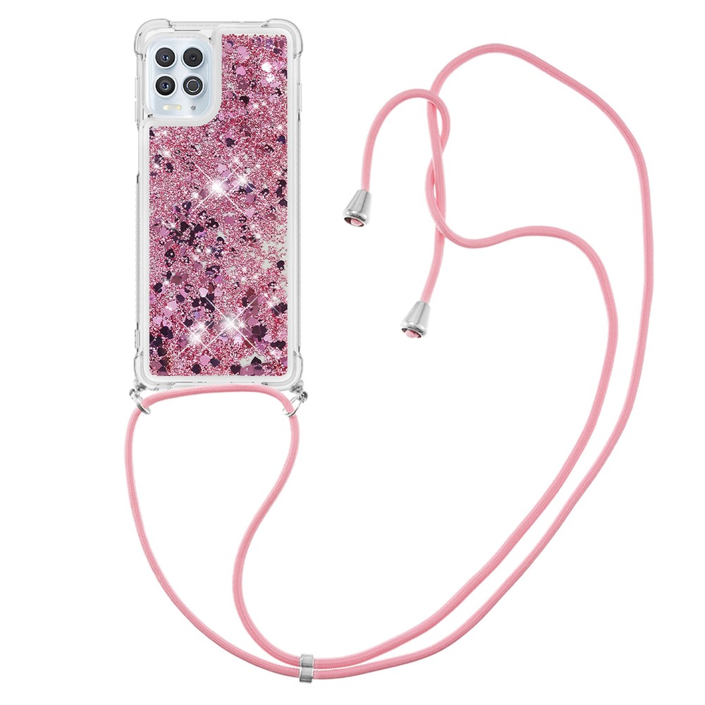 Floating Quicksand Shiny Glitter Mobile Phone TPU Cover with Strap for Motorola Edge S / Moto G100 - Rose Gold Heart-3