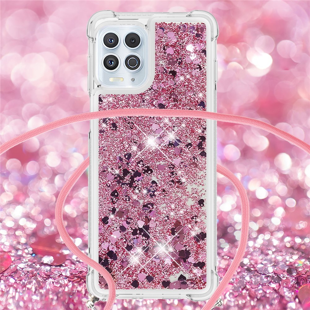 Floating Quicksand Shiny Glitter Mobile Phone TPU Cover with Strap for Motorola Edge S / Moto G100 - Rose Gold Heart-4