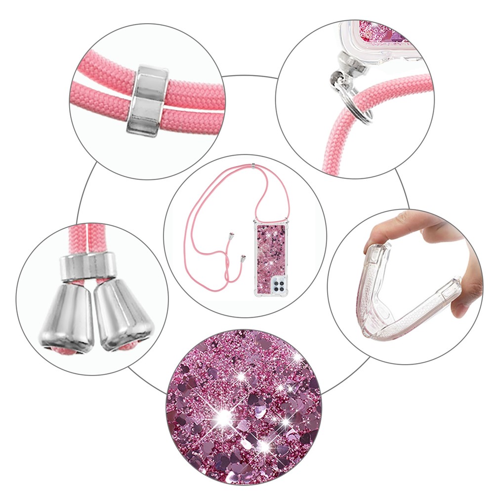 Floating Quicksand Shiny Glitter Mobile Phone TPU Cover with Strap for Motorola Edge S / Moto G100 - Rose Gold Heart-5