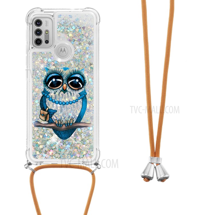 Quicksand Glitter Sequins Pattern Printing TPU Phone Case Cover with Strap for Motorola Moto G10/G30 - Owl-2