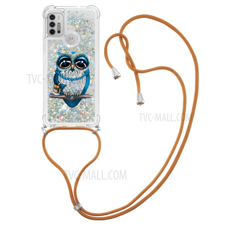 Quicksand Glitter Sequins Pattern Printing TPU Phone Case Cover with Strap for Motorola Moto G10/G30 - Owl-3