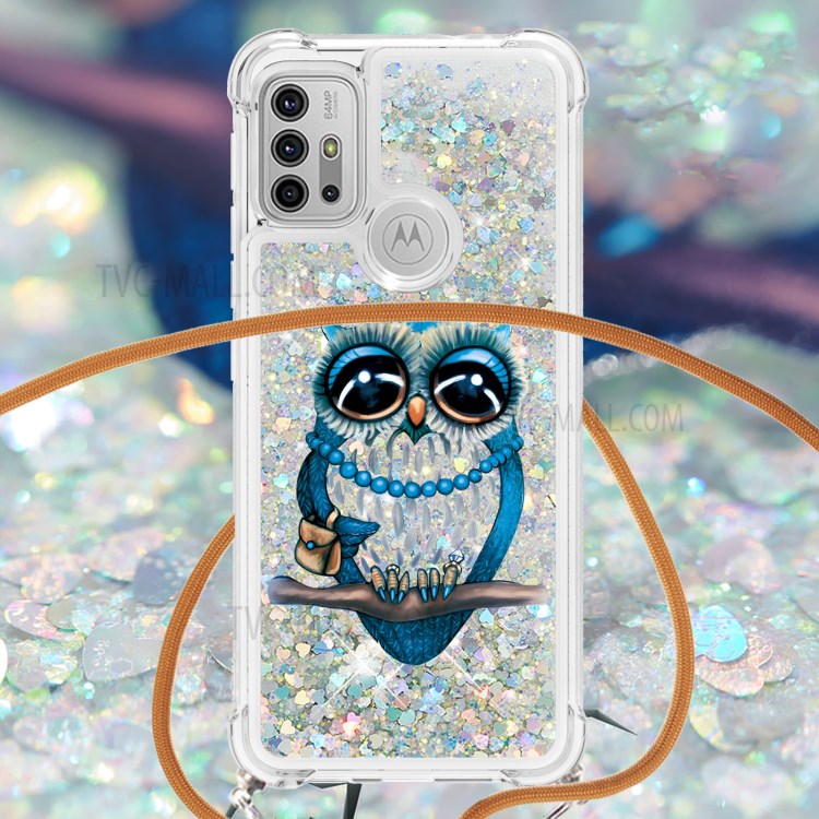Quicksand Glitter Sequins Pattern Printing TPU Phone Case Cover with Strap for Motorola Moto G10/G30 - Owl-4