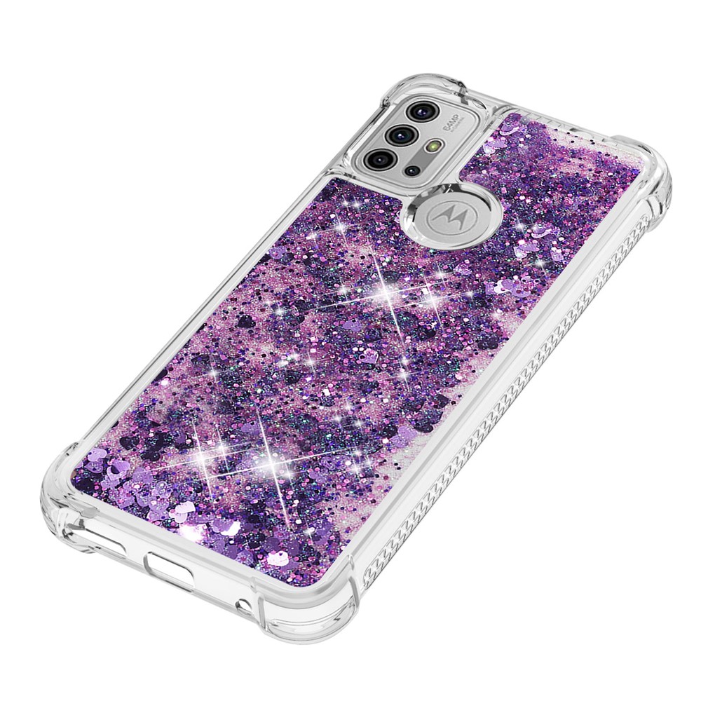 Moving Shiny Quicksand Glitter Reinforced Corners TPU Shell Cover for Motorola Moto G30 /G10 - Dark Purple Hearts-2